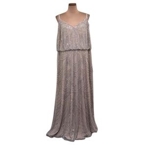 NWT Adrianna Papell Formal Maxi Dress Size 20W Silver Nude Beaded Blouson Gown